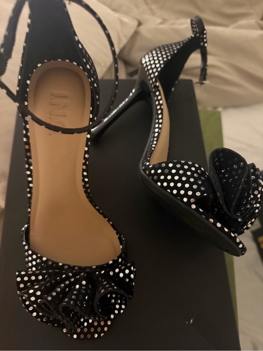 INC Black Polka Dot Open-Toe Stiletto Sandals with Ankle Strap never worn.
